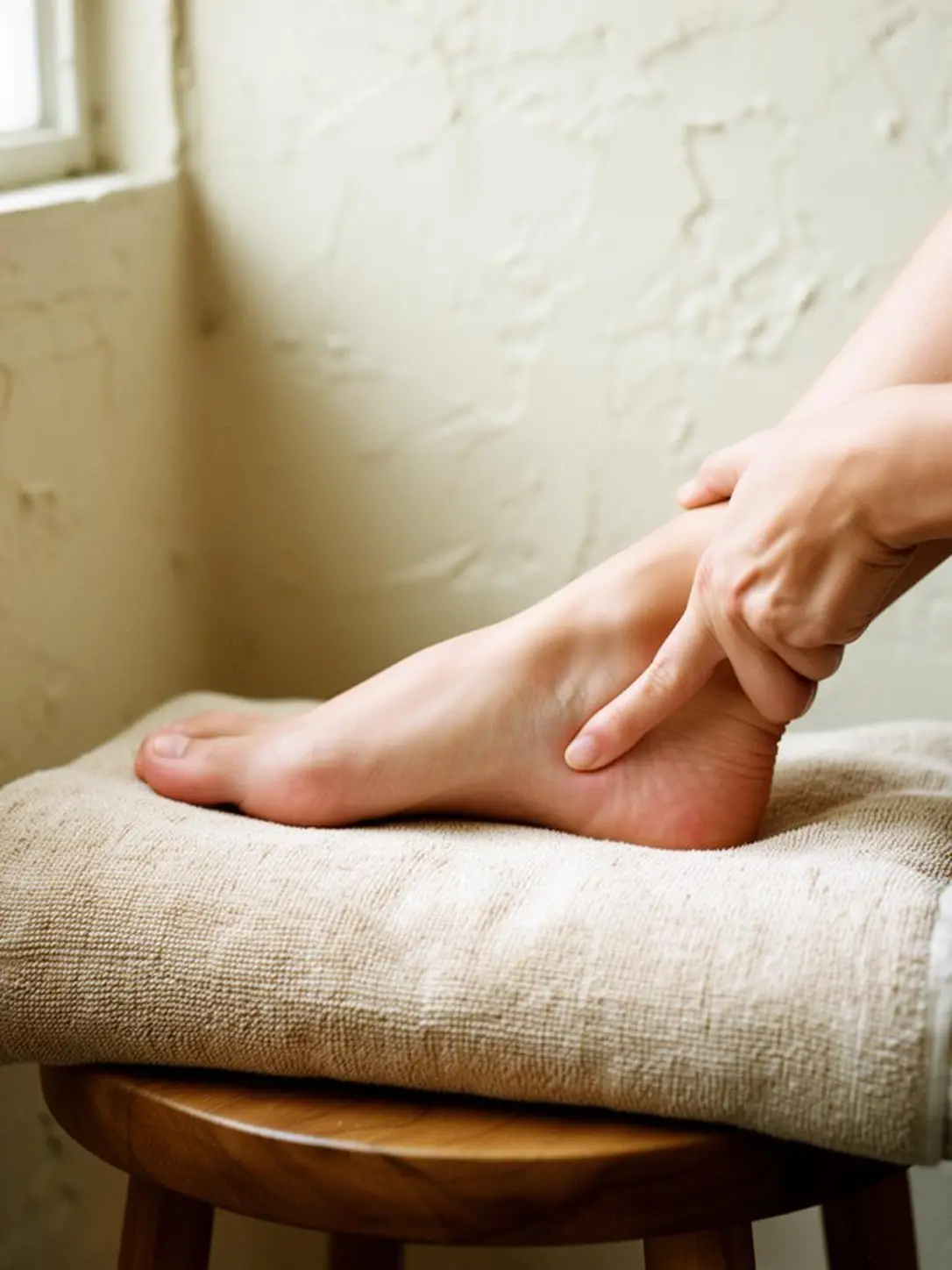 A hand pressing into the inner heel of a bare foot resting on a folded towel