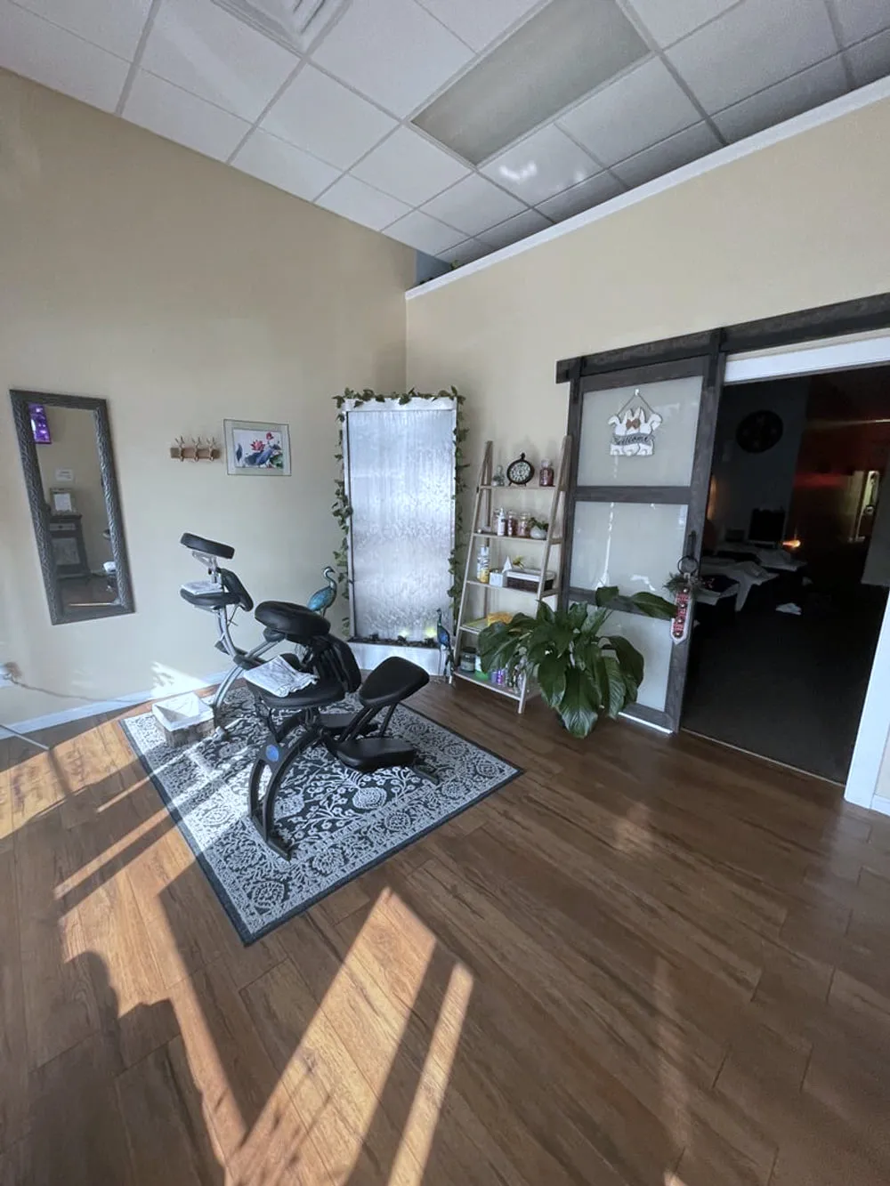 The front room at LJY Reflexology in Hermitage, with the massage chair on a patterned rug beside a lit water wall