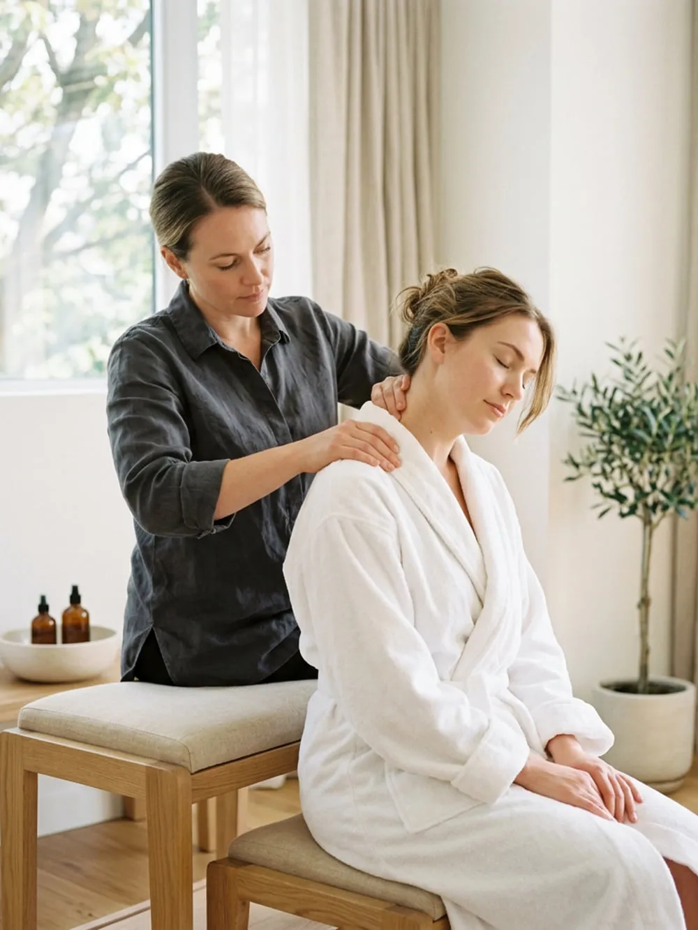 A therapist standing behind a seated guest, working the top of both shoulders