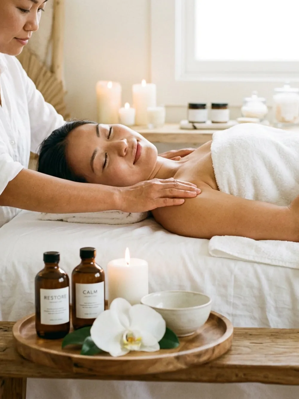 A therapist working the shoulder of a guest lying on a massage table with a white towel across her back