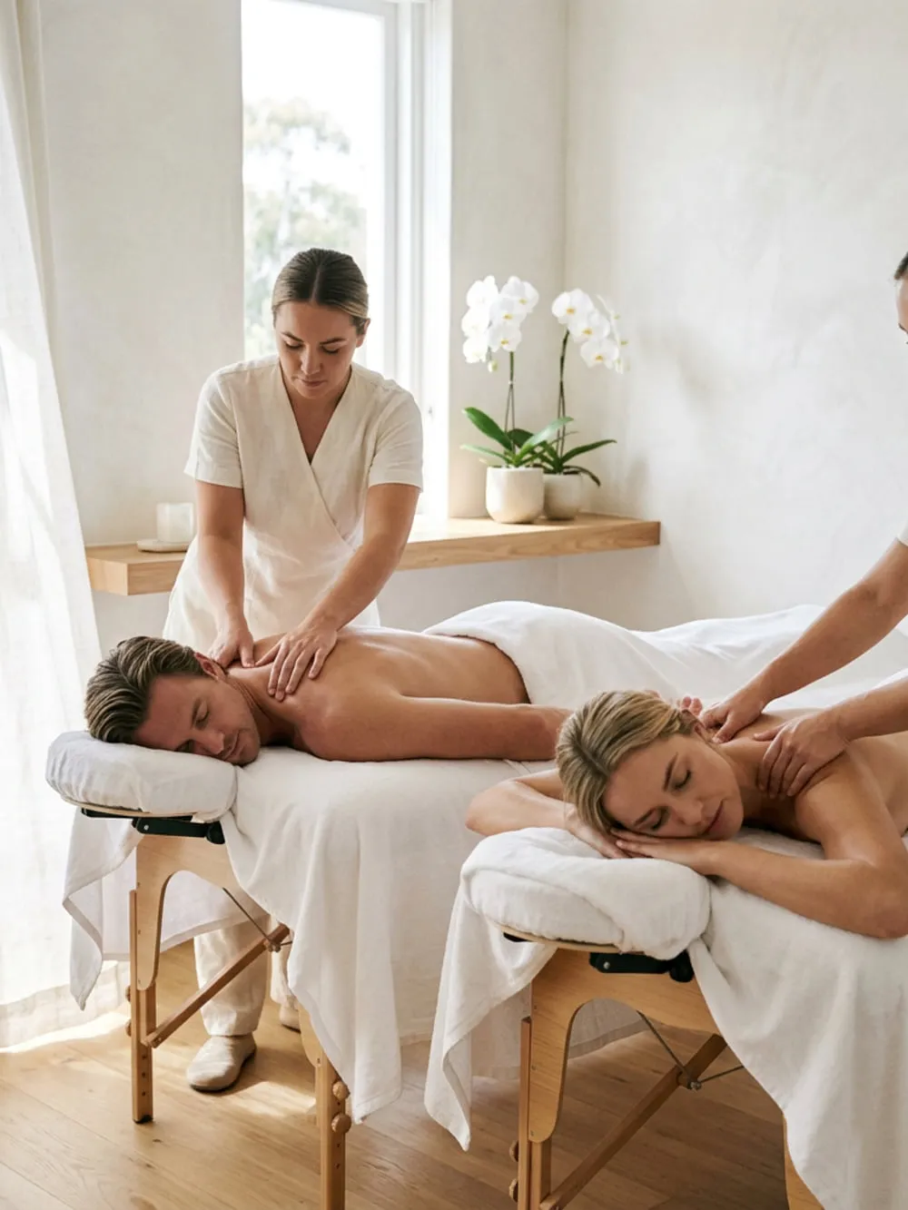 Two guests lying on side-by-side massage tables, each with a therapist working across the shoulders
