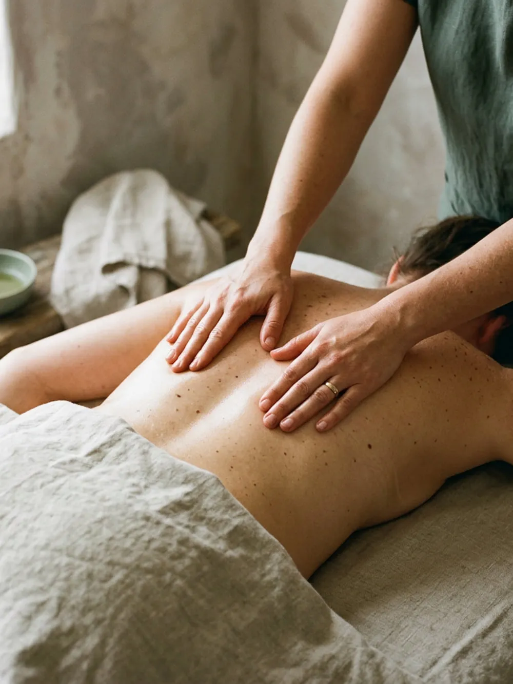 Forearm pressure worked slowly along a guest's upper back during a deep tissue massage at LJY Reflexology in Hermitage, TN