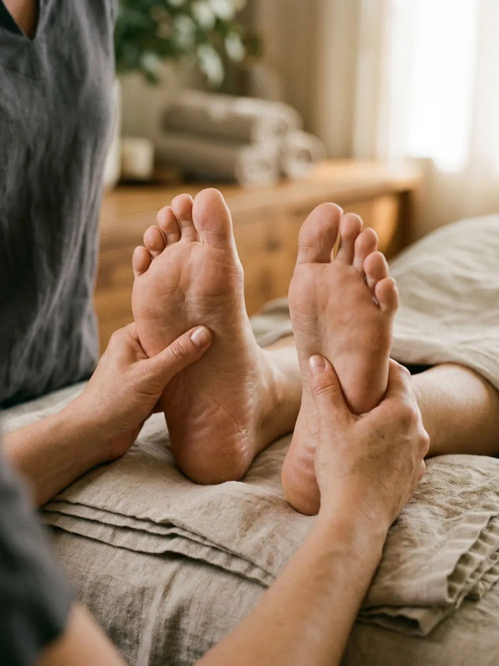 Close view of a therapist's hands working with both thumbs into the arches of a guest's bare feet